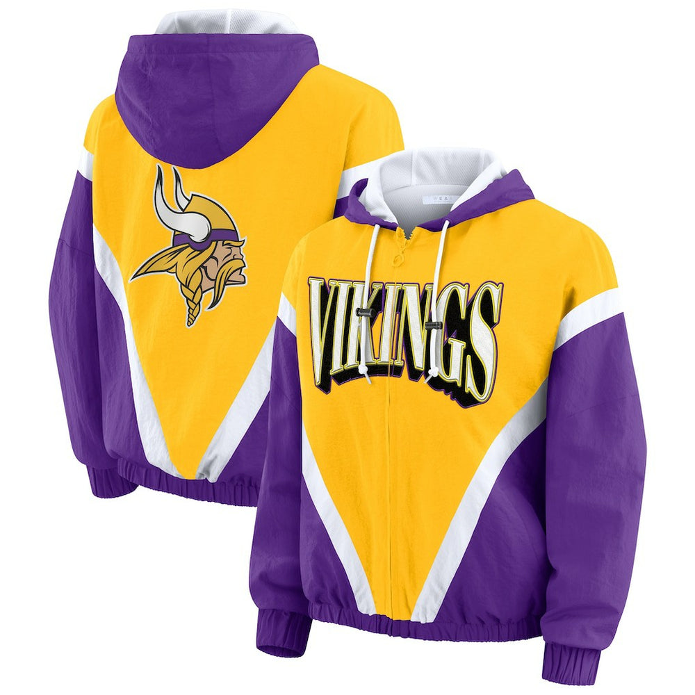 Minnesota Vikings WEAR by Erin Andrews Women's Plus Size Retro Crinkle Full-Zip Hoodie Windbreaker Jacket - Gold/Purple - NFL