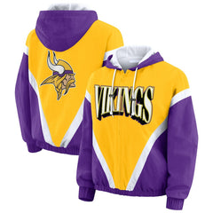 Minnesota Vikings WEAR by Erin Andrews Women's Plus Size Retro Crinkle Full-Zip Hoodie Windbreaker Jacket - Gold/Purple - NFL