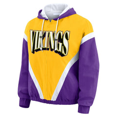 Minnesota Vikings WEAR by Erin Andrews Women's Plus Size Retro Crinkle Full-Zip Hoodie Windbreaker Jacket - Gold/Purple - NFL