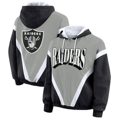 Las Vegas Raiders WEAR by Erin Andrews Women's Plus Size Retro Crinkle Full-Zip Hoodie Windbreaker Jacket - Black/Gray - NFL