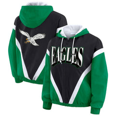 Philadelphia Eagles WEAR by Erin Andrews Women's Plus Size Retro Crinkle Full-Zip Hoodie Windbreaker Jacket - Kelly Green/Black - NFL