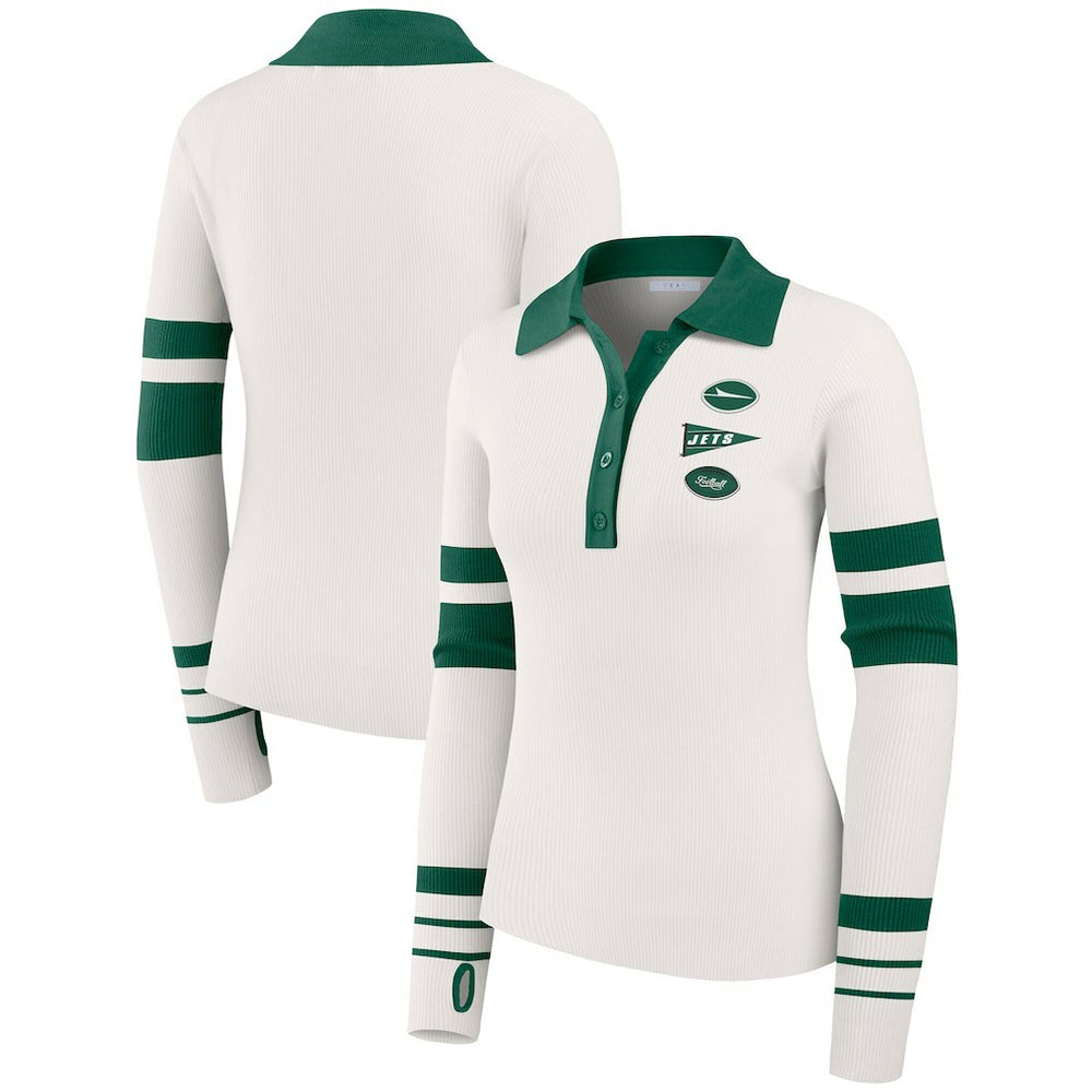 New York Jets WEAR by Erin Andrews Women's Ribbed Henley Polo Sweater - White - NFL