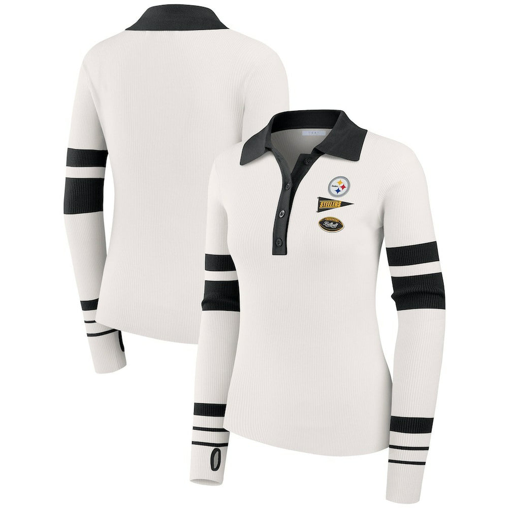 Pittsburgh Steelers WEAR by Erin Andrews Women's Ribbed Henley Polo Sweater - White - NFL