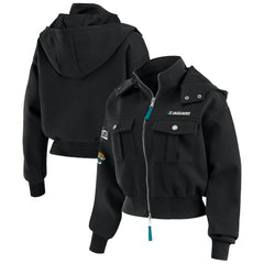 Jacksonville Jaguars WEAR by Erin Andrews Women's Tri-Blend Patch Pocket Cropped Full-Zip Bomber Hoodie Jacket - Black - NFL