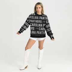Carolina Panthers Gameday Couture Women's Oversized Hype Era Rhinestone Text Sweatshirt - Black - NFL