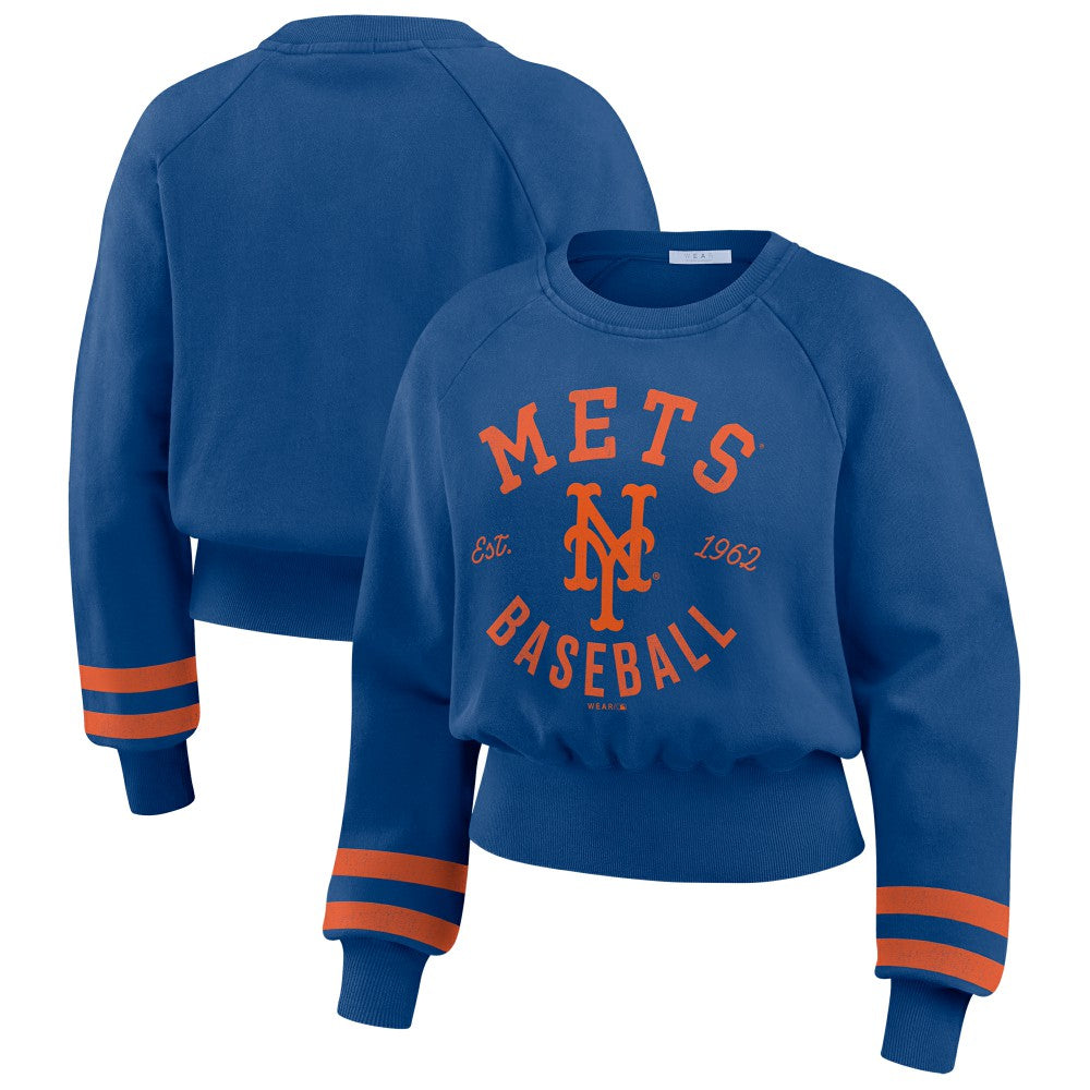 New York Mets WEAR by Erin Andrews Women's Vintage Washed Cropped Pullover Sweatshirt Discount