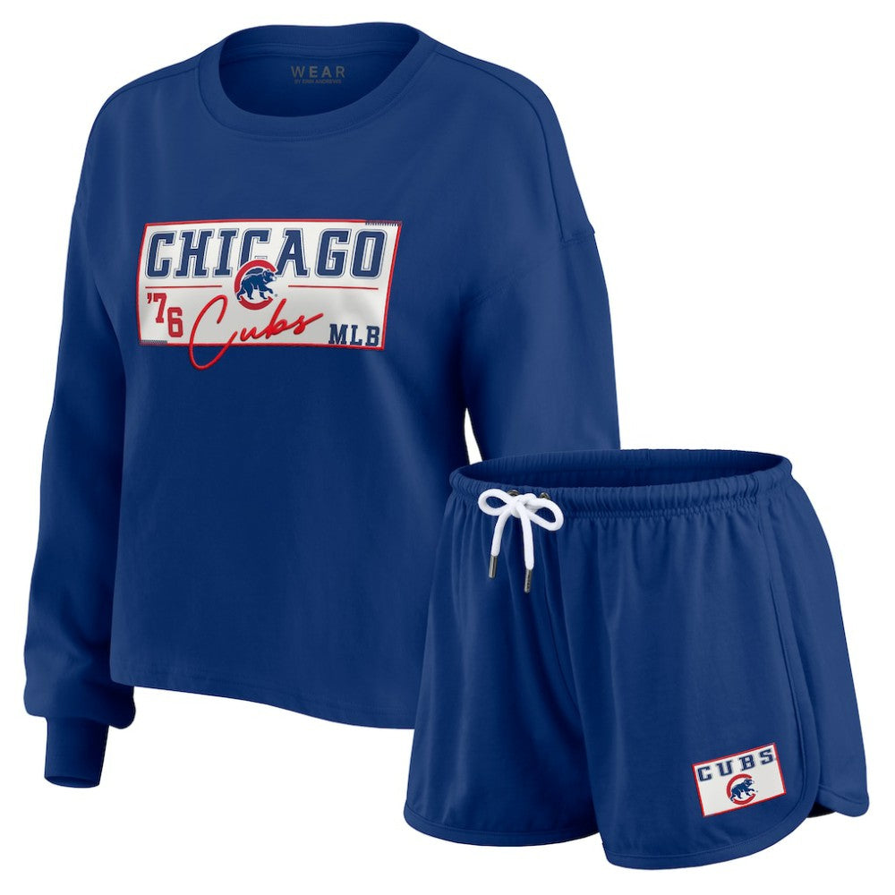 Chicago Cubs WEAR by Erin Andrews Women's Heavy Rugby Jersey Cropped Long Sleeve T-Shirt & Shorts Lounge Set Online