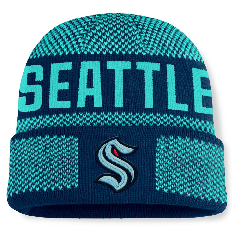 Seattle Kraken Fanatics Fundamentals Shelter Cuffed Knit Hat - Deep Sea Blue/Light Blue | Fanatics Clearance
