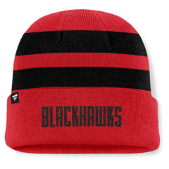 Chicago Blackhawks Fanatics Fundamental Swipe Stripe Cuffed Knit Hat - Red/Black | Fanatics Lifestyle