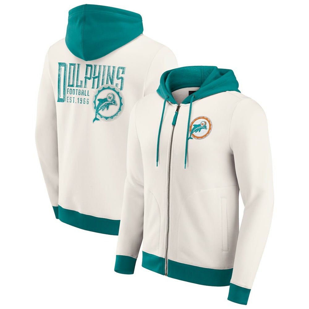 Miami Dolphins Darius Rucker Collection Distressed Graphics Full-Zip Hoodie - Cream - Fanatics