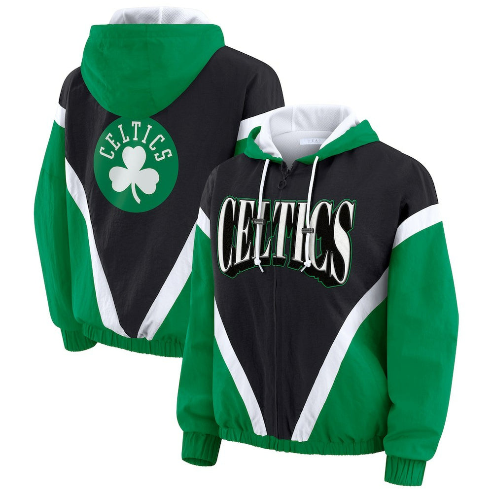 Boston Celtics WEAR by Erin Andrews Women's Colorblock Full-Zip Hoodie Windbreaker Jacket Black/Kelly Green