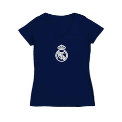 Real Madrid Vive La Fete Women's Color Badge V-Neck Fitted T-Shirt Navy