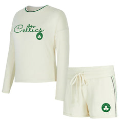 Boston Celtics Concepts Sport Women's Kaki Hacci Knit Long Sleeve Top & Shorts Set Cream