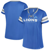 Detroit Lions Women's Plus Size Rhinestone Redzone Athena Lace-Up Notch Neck T-Shirt - Blue - Fanatics