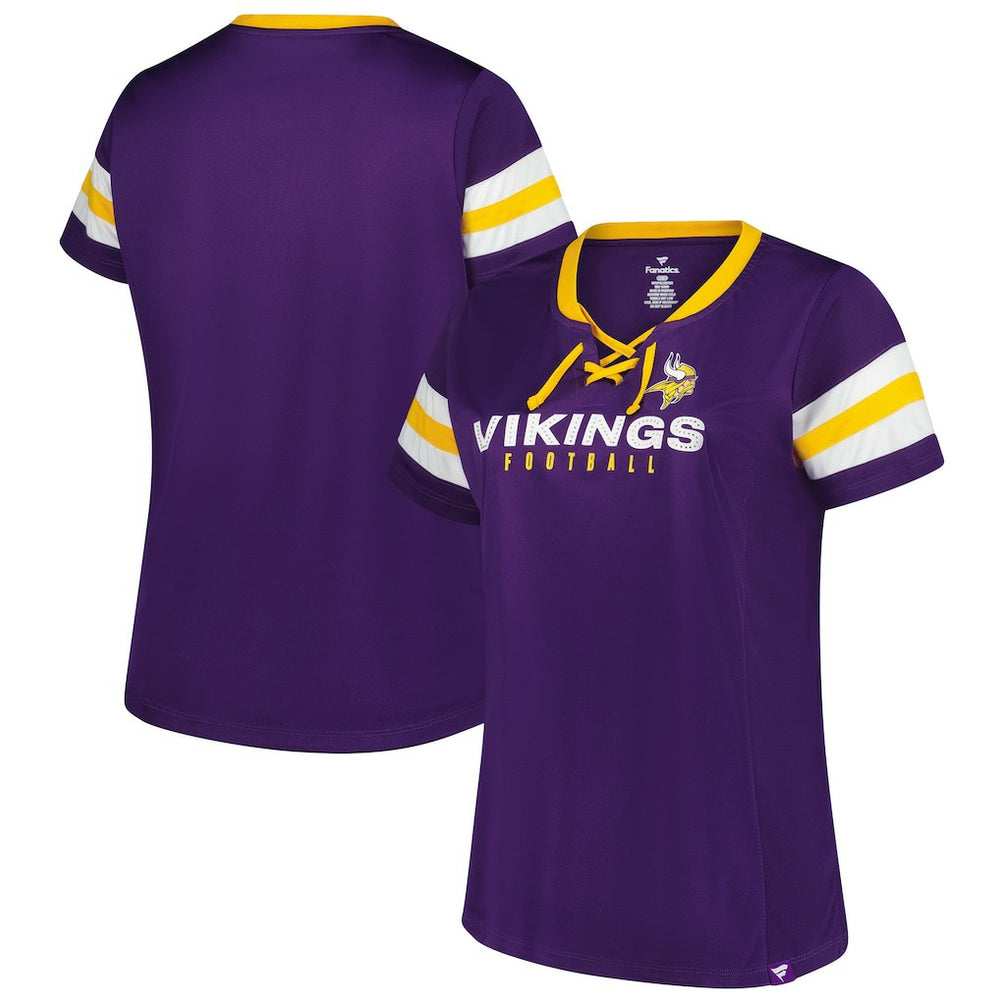 Minnesota Vikings Women's Plus Size Rhinestone Redzone Athena Lace-Up Notch Neck T-Shirt - Purple - Fanatics