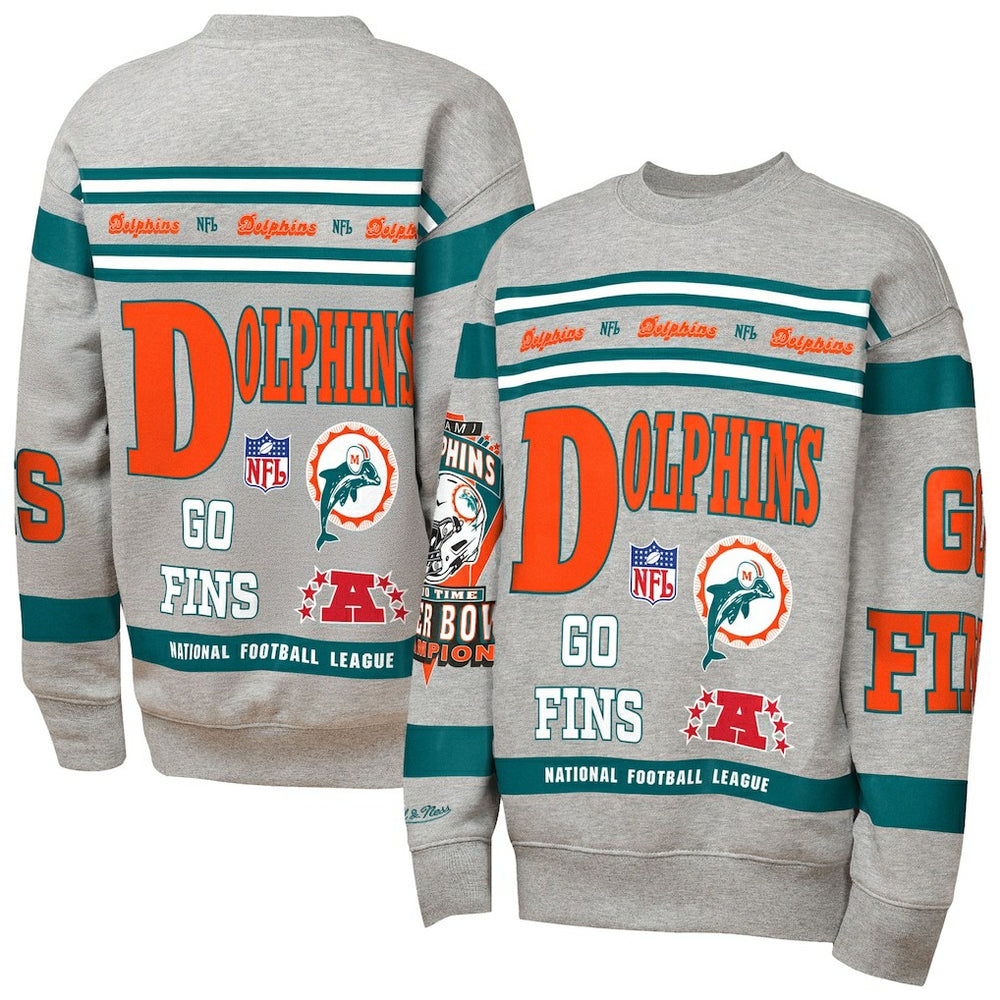 Miami Dolphins Youth Throwback All-Over Print Fleece Sweatshirt - Gray - Mitchell & Ness