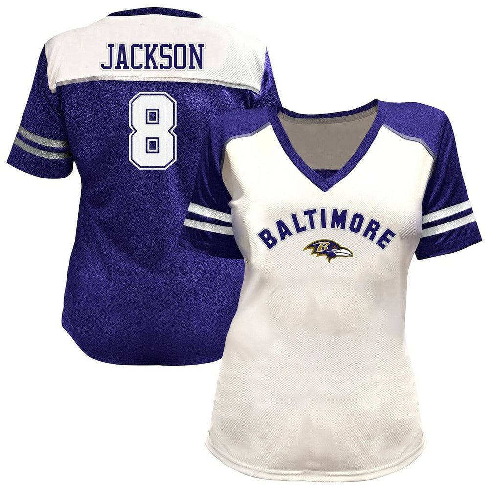 Lamar Jackson Baltimore Ravens Women's Plus Size Bling V-Neck T-Shirt - White - Fanatics