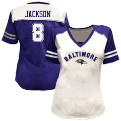 Lamar Jackson Baltimore Ravens Women's Plus Size Bling V-Neck T-Shirt - White - Fanatics