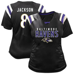 Lamar Jackson Baltimore Ravens Women's Plus Size Name & Number Raglan Lace V-Neck T-Shirt - Black - Fanatics