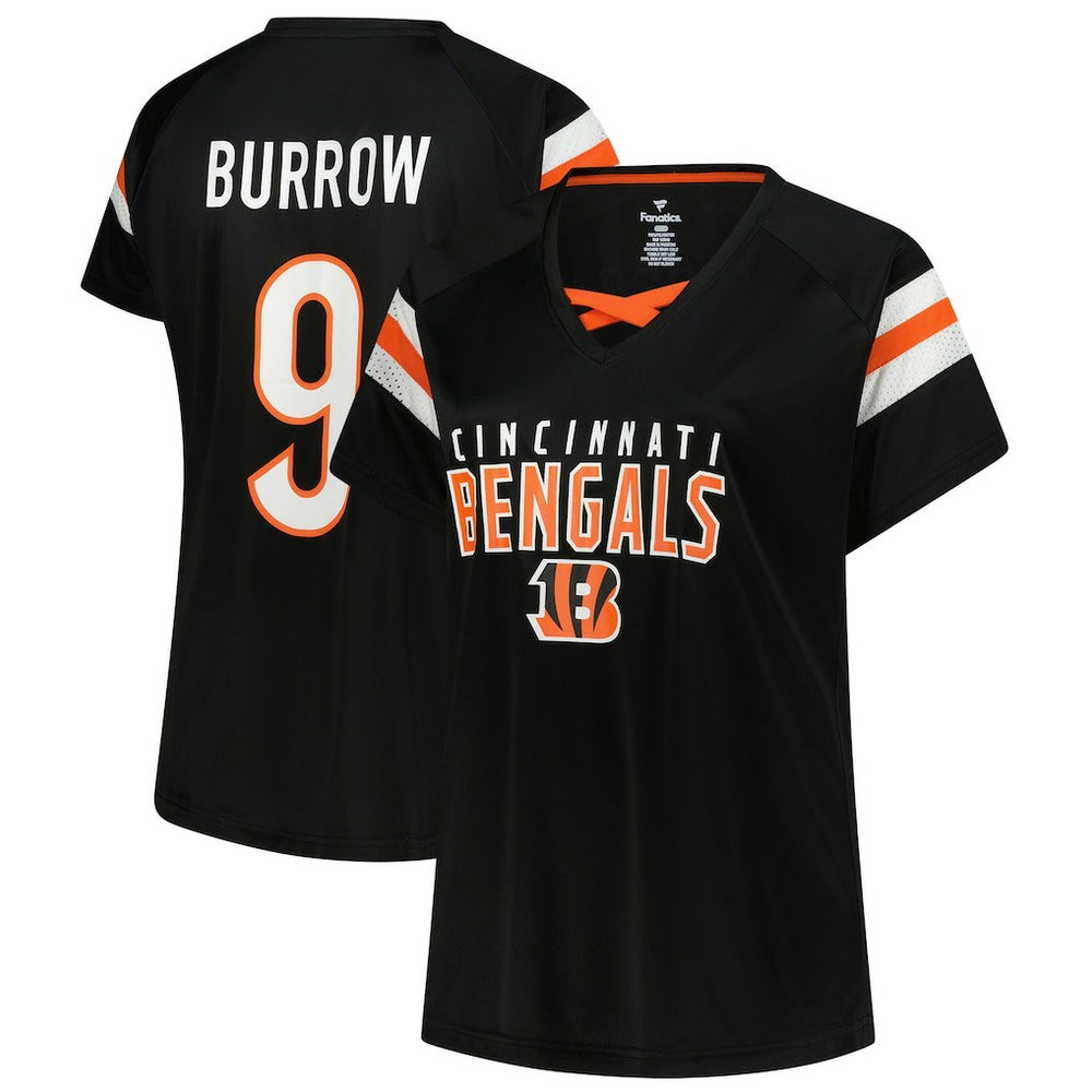 Joe Burrow Cincinnati Bengals Women's Plus Size Name & Number Raglan Lace V-Neck T-Shirt - Black - Fanatics