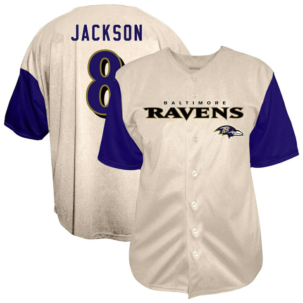 Lamar Jackson Baltimore Ravens Big & Tall Baseball Button-Up Shirt - Cream - Fanatics