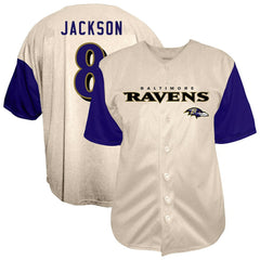 Lamar Jackson Baltimore Ravens Big & Tall Baseball Button-Up Shirt - Cream - Fanatics