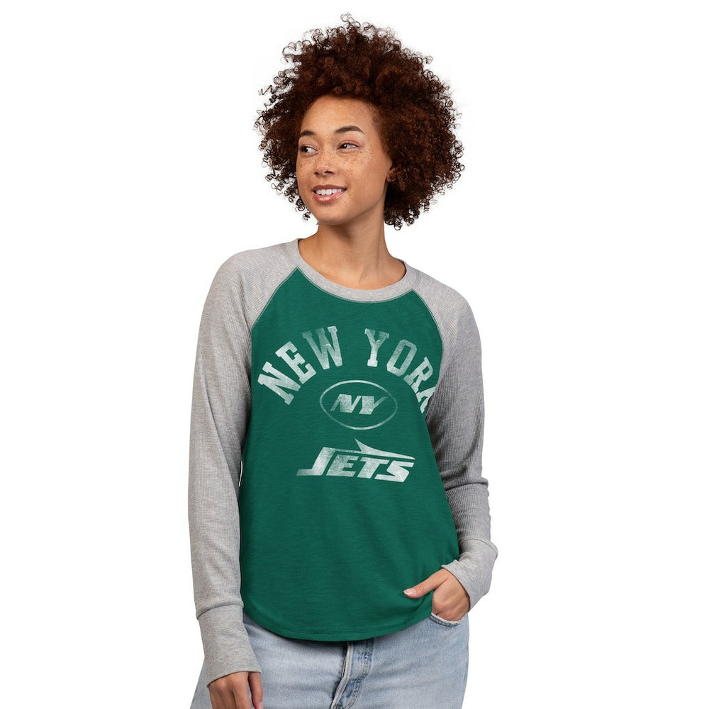 New York Jets G-III 4Her by Carl Banks Women's Waffle Knit Raglan Long-Sleeve T-Shirt - Green/Heather Gray - NFL
