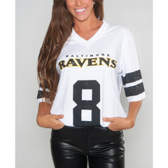 Lamar Jackson Baltimore Ravens Cuce Women's Crystal V-Neck Tunic - White - NFL