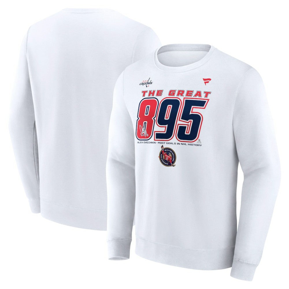 Alexander Ovechkin Washington Capitals Fanatics NHL All-Time Leading Goal Scorer The Great 895 Fleece Pullover Sweatshirt - White | Fanatics sale