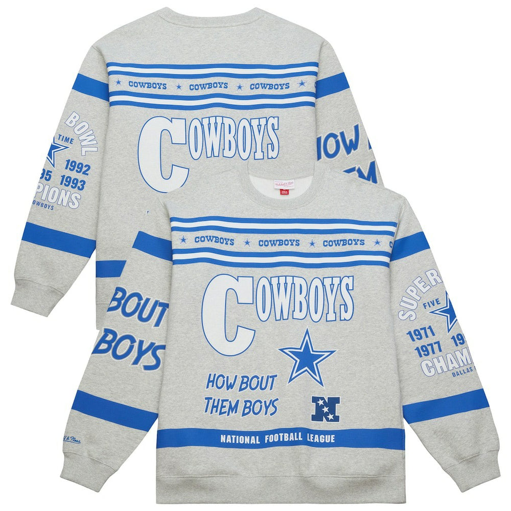 Dallas Cowboys All Over Print Retro Fleece Sweatshirt - Heather Gray - Mitchell & Ness