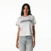 Jacksonville Jaguars The Wild Collective Women's Rhinestone Sequin Cropped T-Shirt - White - NFL