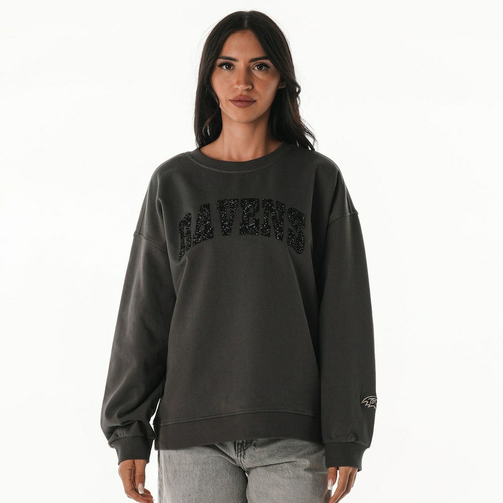Baltimore Ravens The Wild Collective Women's Rock Crystal Oversized Crewneck Sweatshirt - Charcoal - NFL