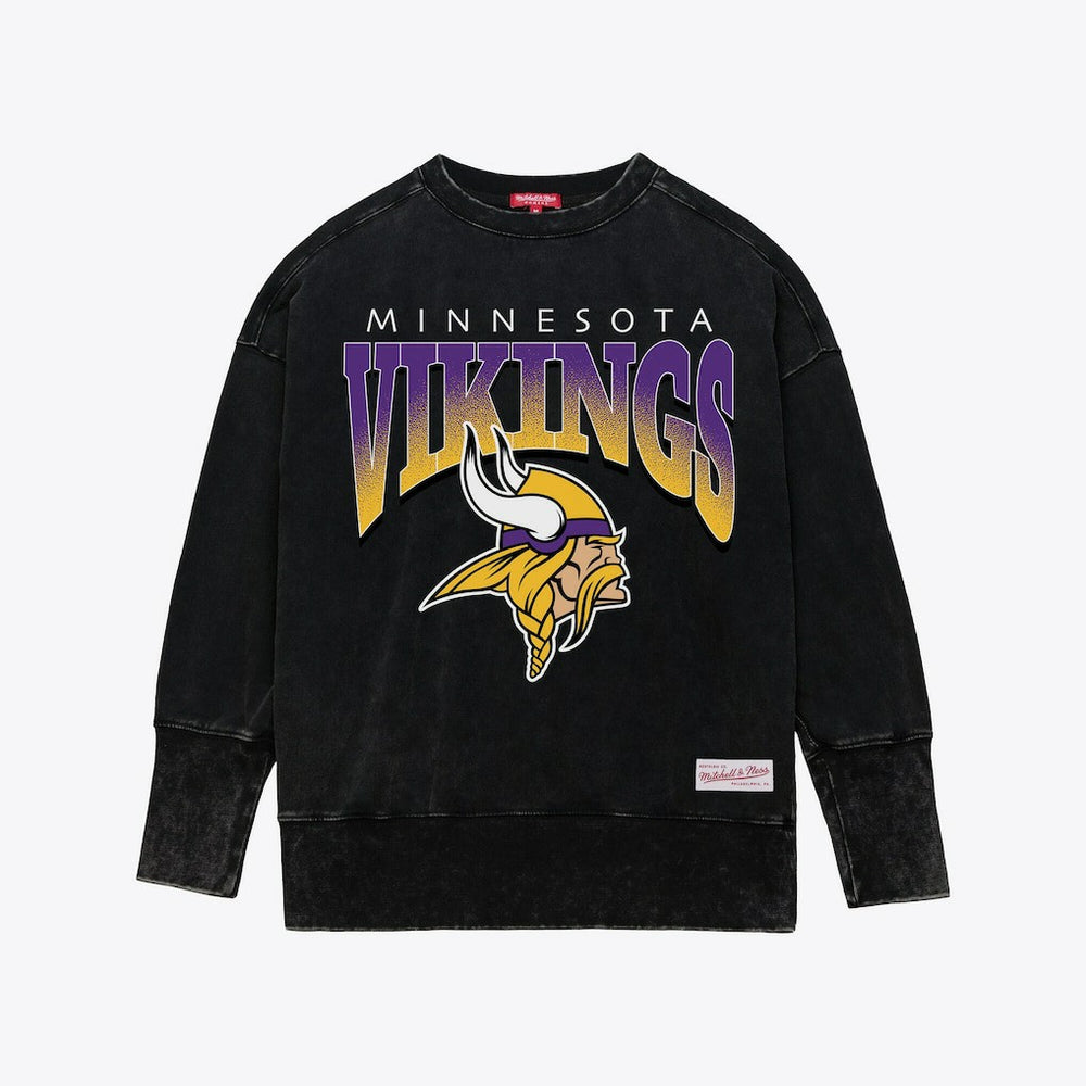 Minnesota Vikings Women's Delineate Mineral Wash Crewneck Sweatshirt - Black - Mitchell & Ness