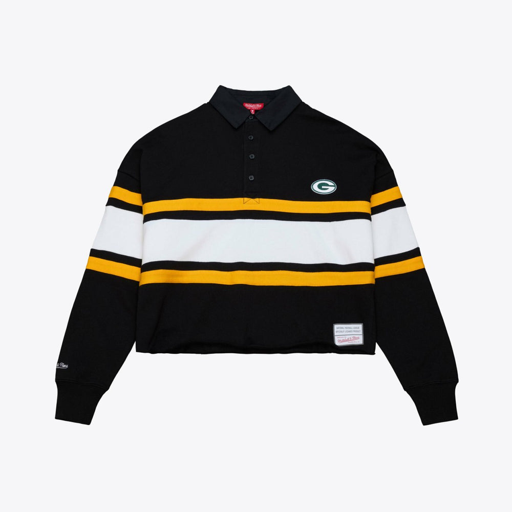 Green Bay Packers Women's Cropped Long Sleeve Rugby Polo - Black - Mitchell & Ness