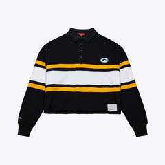 Green Bay Packers Women's Cropped Long Sleeve Rugby Polo - Black - Mitchell & Ness