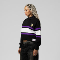 Minnesota Vikings Women's Cropped Long Sleeve Rugby Polo - Black - Mitchell & Ness