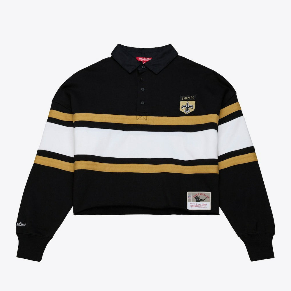 New Orleans Saints Women's Cropped Long Sleeve Rugby Polo - Black - Mitchell & Ness