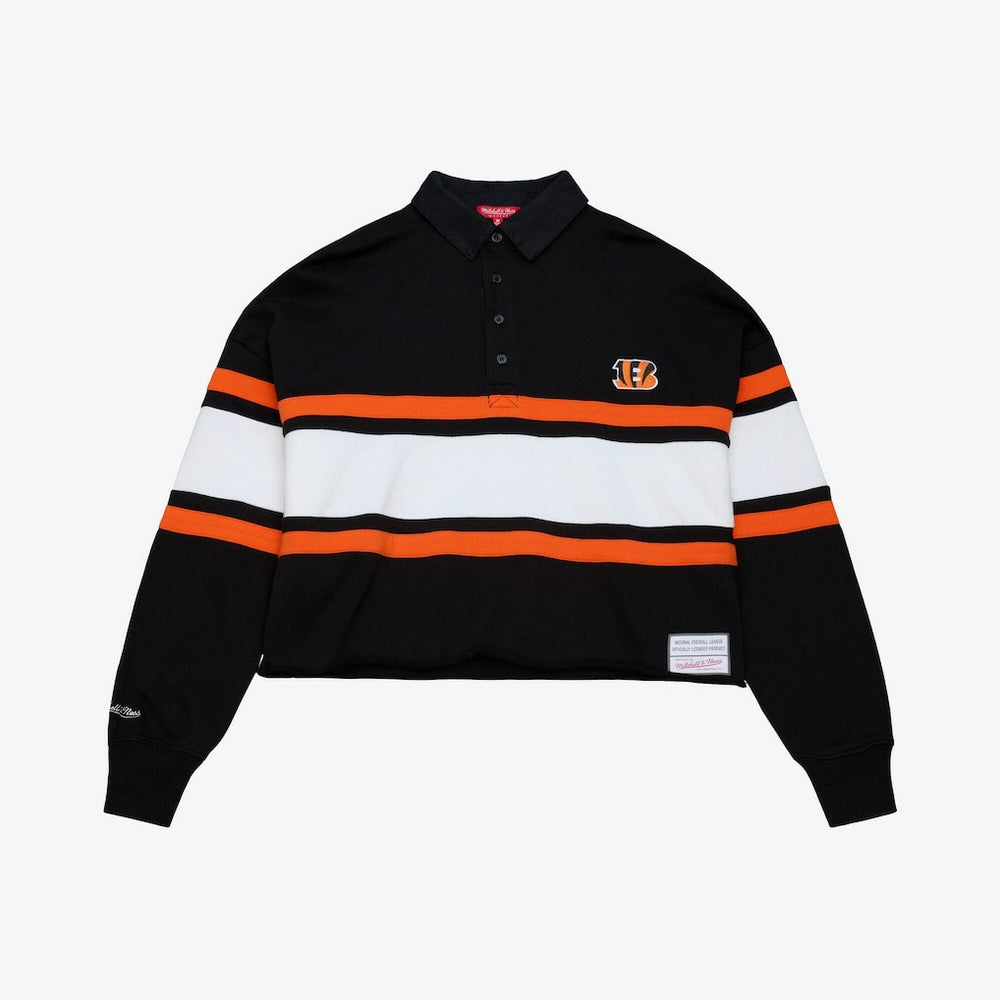 Cincinnati Bengals Women's Cropped Long Sleeve Rugby Polo - Black - Mitchell & Ness