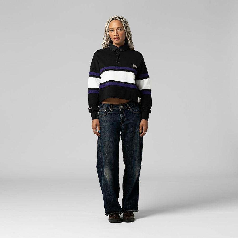 Baltimore Ravens Women's Cropped Long Sleeve Rugby Polo - Black - Mitchell & Ness