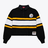 Pittsburgh Steelers Women's Cropped Long Sleeve Rugby Polo - Black - Mitchell & Ness