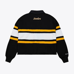 Pittsburgh Steelers Women's Cropped Long Sleeve Rugby Polo - Black - Mitchell & Ness