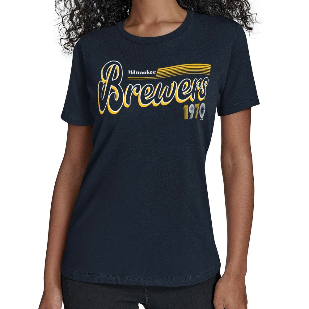 Milwaukee Brewers Starter Women's Groovy Script Team Fitted T-Shirt Outlet