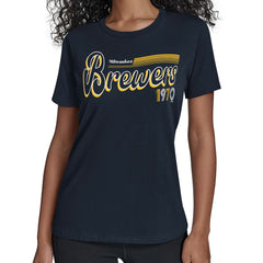 Milwaukee Brewers Starter Women's Groovy Script Team Fitted T-Shirt Outlet