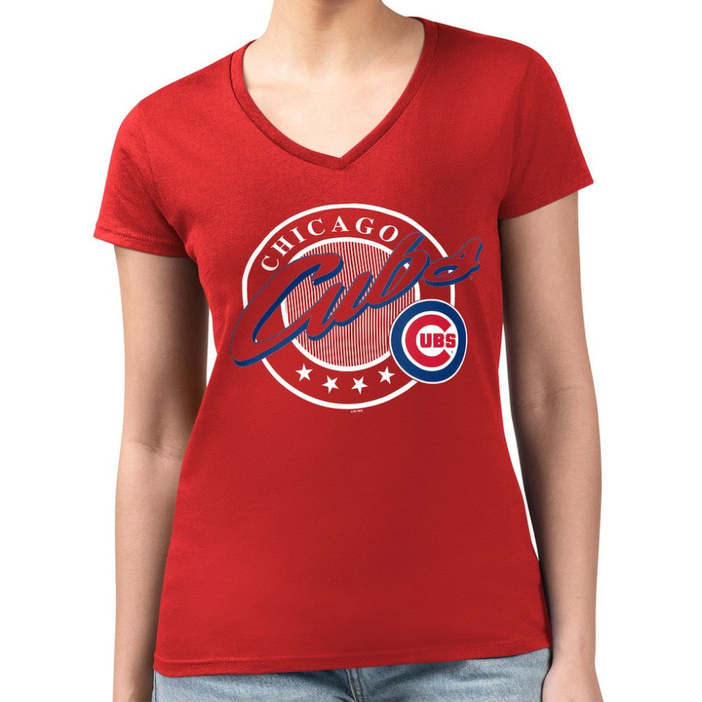 Chicago Cubs G-III 4Her by Carl Banks Women's Super-Slim Fit Lightweight Pinstripe Circle V-Neck T-Shirt Outlet