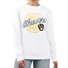 Milwaukee Brewers G-III 4Her by Carl Banks Women's Pinstripe Circle Team Fleece Pullover Sweatshirt Outlet