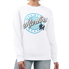 Miami Marlins G-III 4Her by Carl Banks Women's Pinstripe Circle Team Fleece Pullover Sweatshirt for sale