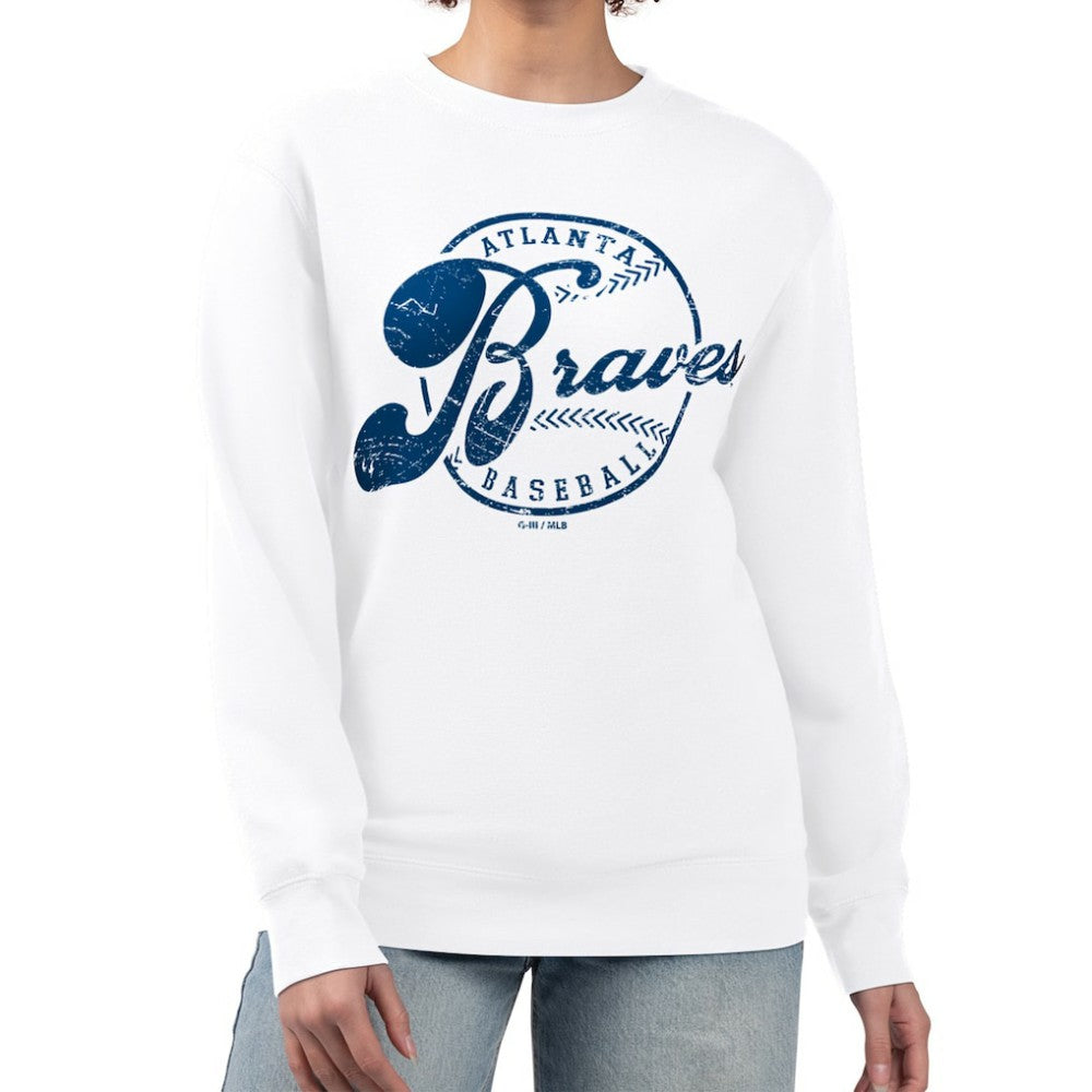 Atlanta Braves G-III 4Her by Carl Banks Women's Distressed Baseball Team Fleece Pullover Sweatshirt Outlet