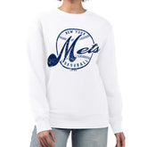 New York Mets G-III 4Her by Carl Banks Women's Distressed Baseball Team Fleece Pullover Sweatshirt Outlet