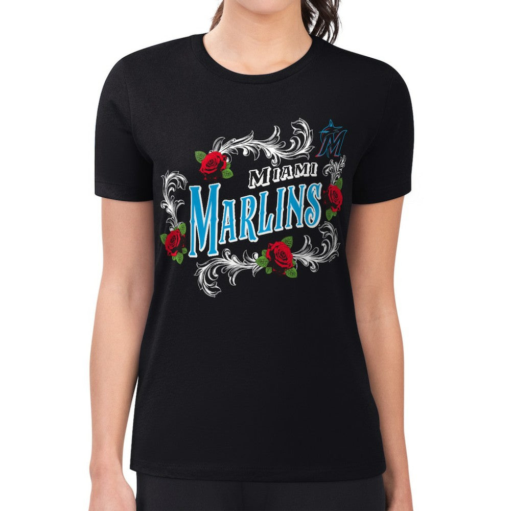 Miami Marlins G-III 4Her by Carl Banks Women's Super-Slim Fit Lightweight Retro Roses T-Shirt for sale