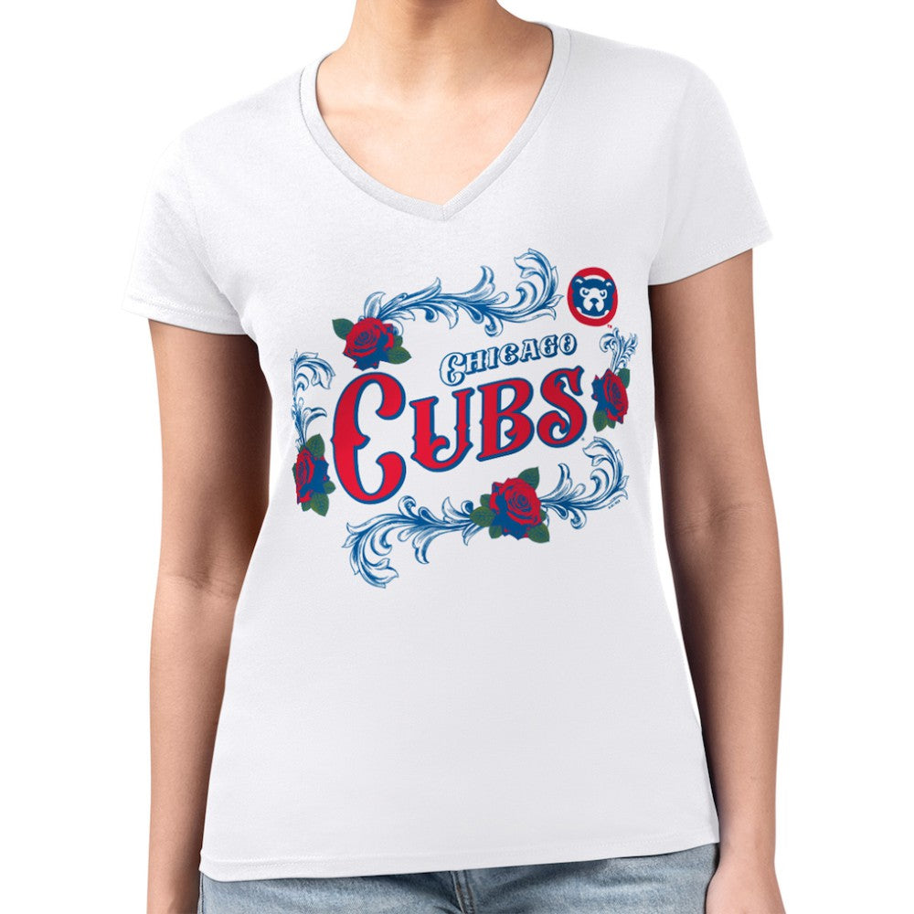Chicago Cubs G-III 4Her by Carl Banks Women's Super-Slim Fit Lightweight Retro Roses V-Neck T-Shirt Outlet